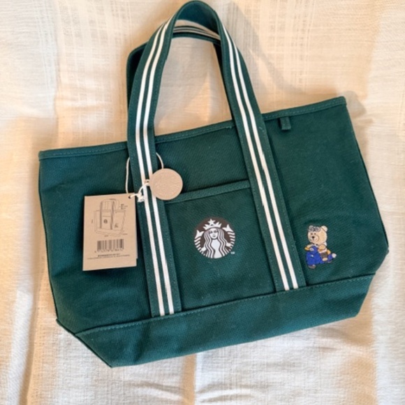 Starbucks Taiwan Exclusive Tote bag - Green Canvas Embroidered Bear Detail NWT - Picture 9 of 16